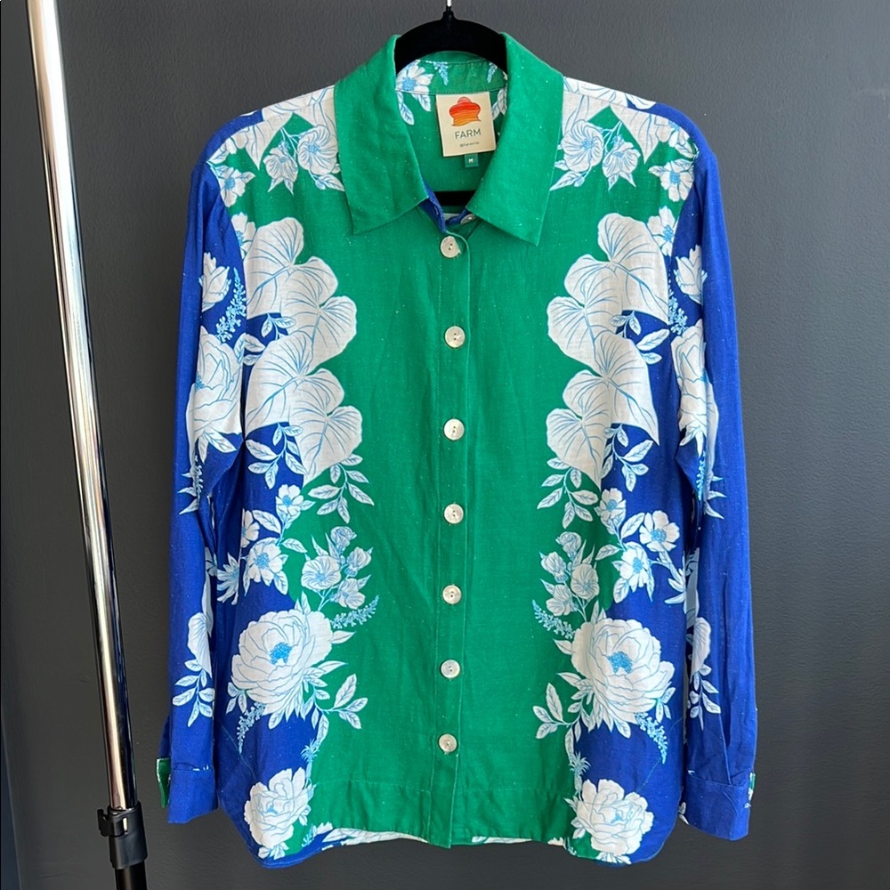 FARM Rio Soft Garden Linen Green and White Blouse Top M